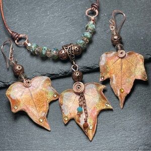Artisan Copper Jewelry Set Necklace And Leaf 
Fairycore Earrings And Pendant